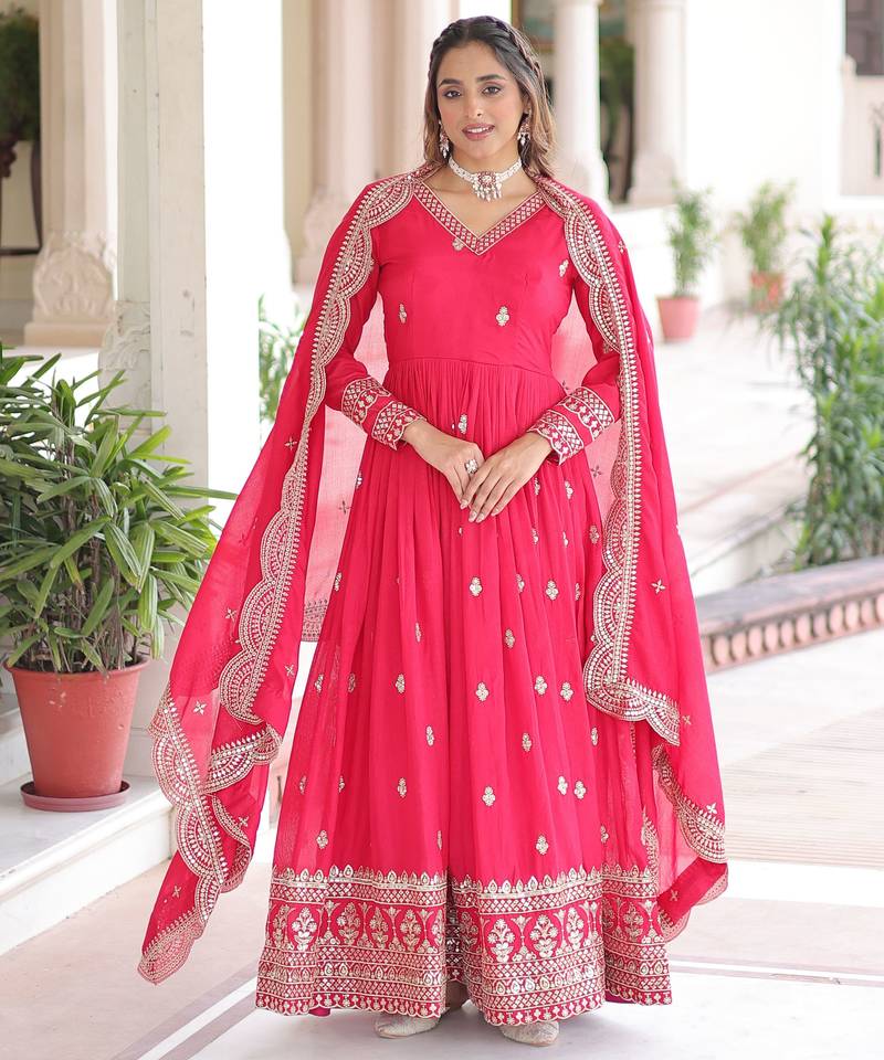 Pink color vichitra silk fabric wedding ceremonial gown with dupatta for girlie looks