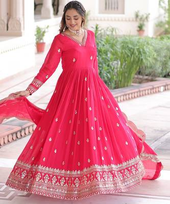 Pink color vichitra silk wedding ceremonial gown with dupatta for looks 6