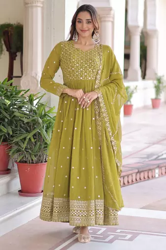 Olive color faux georgette fabric wedding ceremonial gown with dupatta for girlie looks