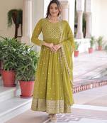 Olive color faux georgette fabric wedding ceremonial gown with dupatta for girlie looks