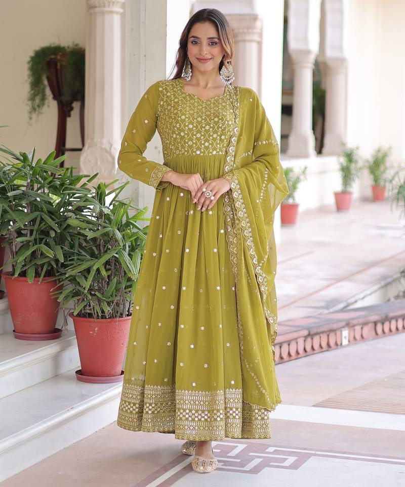 Olive color faux georgette fabric wedding ceremonial gown with dupatta for girlie looks