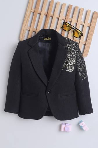 Black cotton woven printed blazer