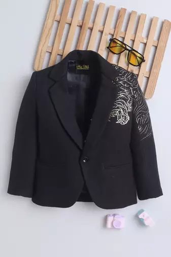 Black cotton woven printed blazer
