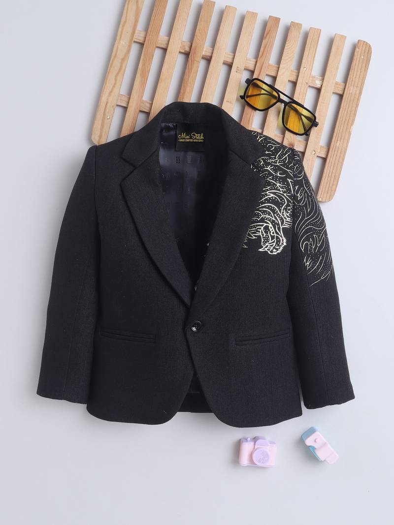 Black cotton woven printed blazer