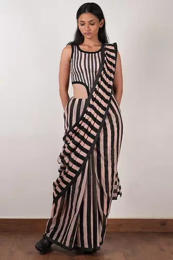 Pink printed cotton saree