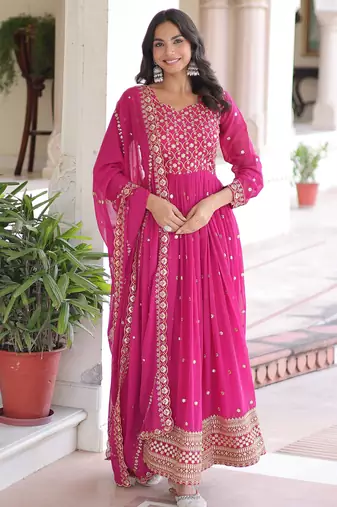 Pink color faux georgette fabric wedding ceremonial gown with dupatta for girlie looks