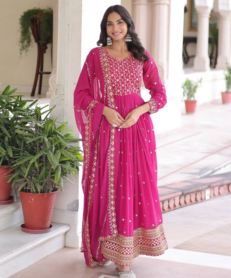 Pink color faux georgette fabric wedding ceremonial gown with dupatta for girlie looks