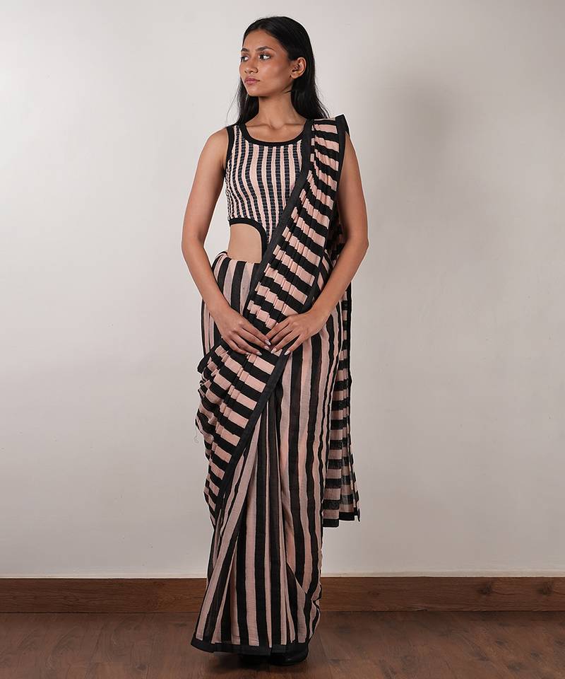 Pink printed cotton saree