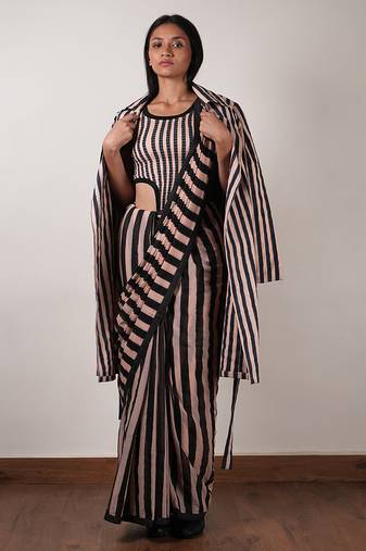 Pink printed cotton saree with jacket