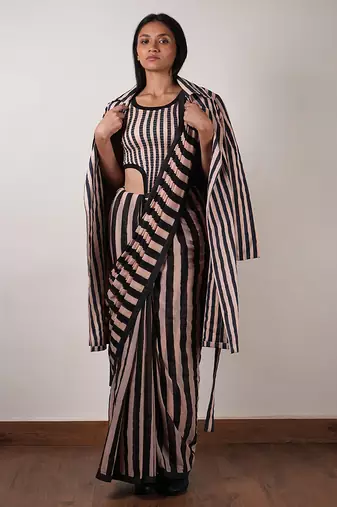 Pink printed cotton saree with jacket