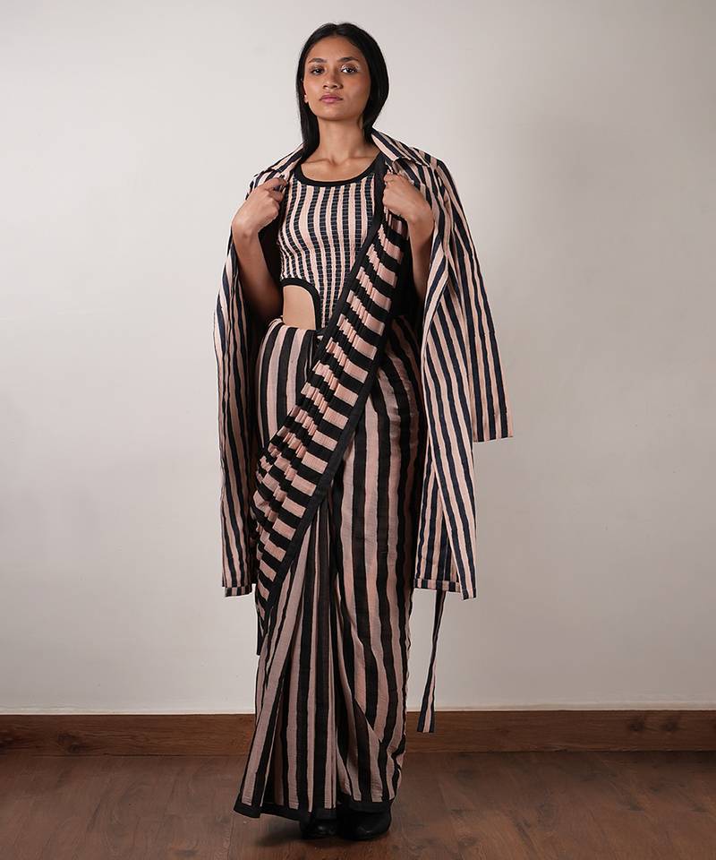 Pink printed cotton saree with jacket