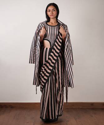 Pink printed cotton saree with jacket 2
