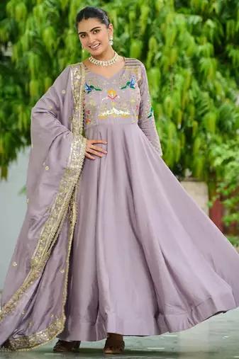 Onion color vichitra silk fabric wedding ceremonial gown with dupatta for girlie looks