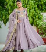 Onion color vichitra silk fabric wedding ceremonial gown with dupatta for girlie looks