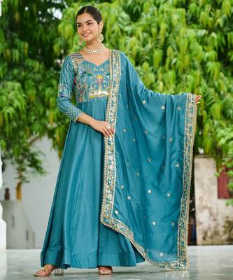 Sky blue color vichitra silk wedding ceremonial gown with dupatta for looks 1
