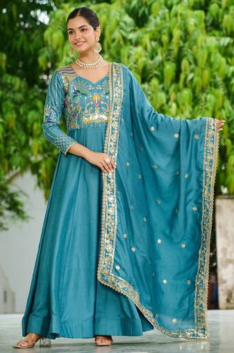 Sky blue color vichitra silk fabric wedding ceremonial gown with dupatta for girlie looks