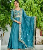 Sky blue color vichitra silk fabric wedding ceremonial gown with dupatta for girlie looks