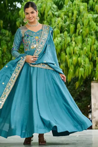 Sky blue color vichitra silk fabric wedding ceremonial gown with dupatta for girlie looks