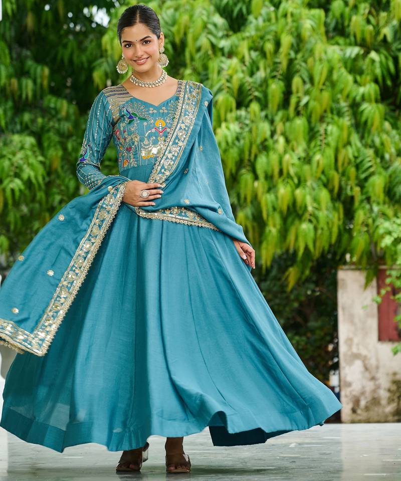 Sky blue color vichitra silk fabric wedding ceremonial gown with dupatta for girlie looks