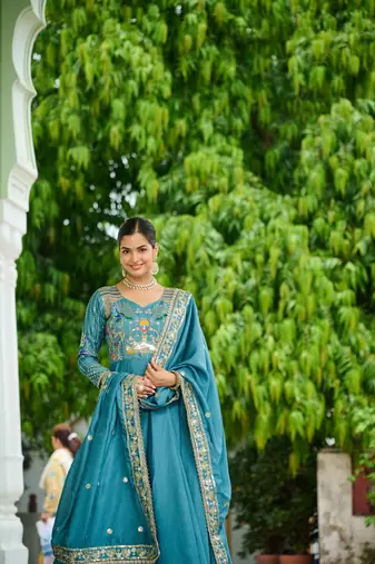 Sky blue color vichitra silk fabric wedding ceremonial gown with dupatta for girlie looks