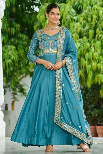 Sky blue color vichitra silk fabric wedding ceremonial gown with dupatta for girlie looks