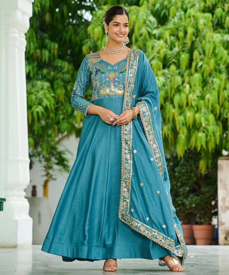 Sky blue color vichitra silk fabric wedding ceremonial gown with dupatta for girlie looks