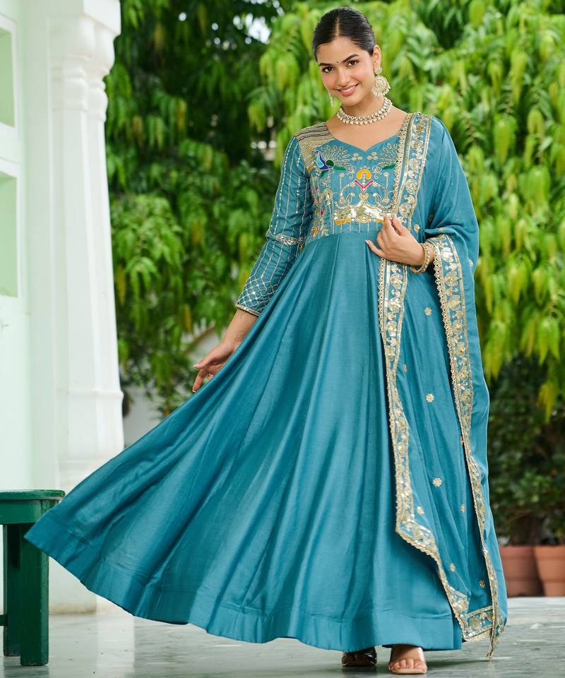 Sky blue color vichitra silk fabric wedding ceremonial gown with dupatta for girlie looks