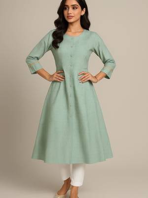 Aqua green color subtle golden geometric block print kurta 1
