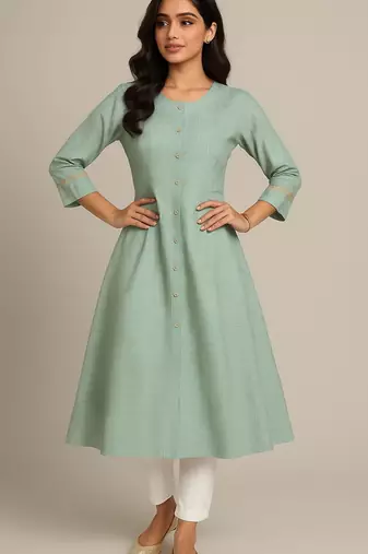 Aqua green color subtle golden geometric block print kurta