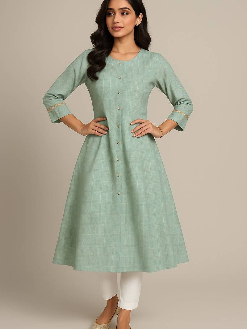 Aqua green color subtle golden geometric block print kurta
