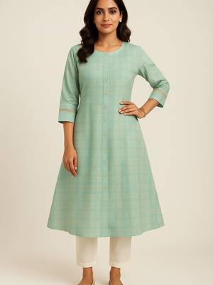 Aqua green color subtle golden geometric block print kurta 2