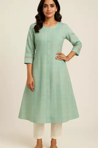 Aqua green color subtle golden geometric block print kurta