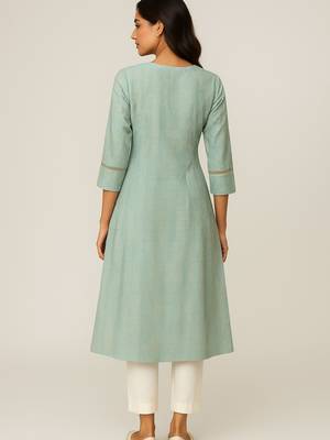 Aqua green color subtle golden geometric block print kurta 3