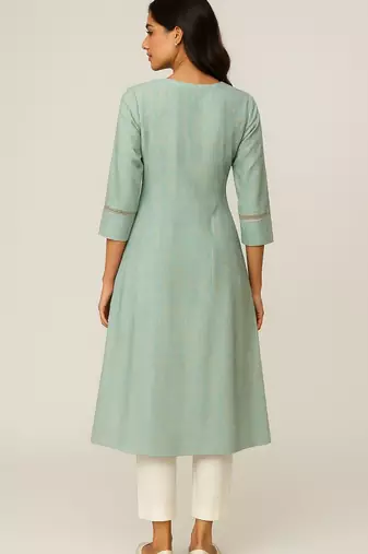 Aqua green color subtle golden geometric block print kurta