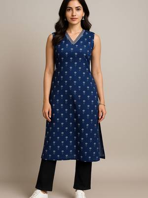 Navy blue color small floral block print with zari couching on neckline kurti 1