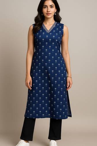 Navy blue color small floral block print with zari couching on neckline kurti