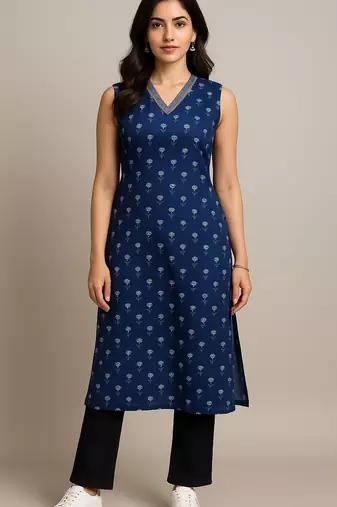 Navy blue color small floral block print with zari couching on neckline kurti