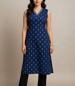Navy blue color small floral block print with zari couching on neckline kurti