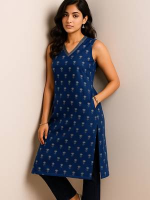 Navy blue color small floral block print with zari couching on neckline kurti 2