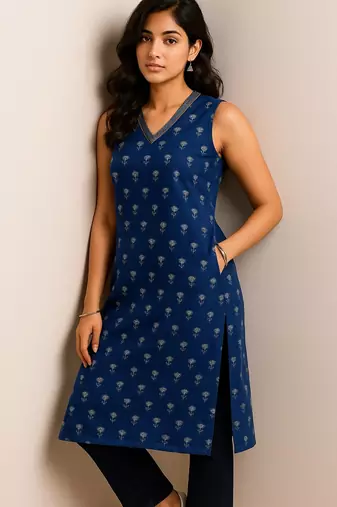 Navy blue color small floral block print with zari couching on neckline kurti