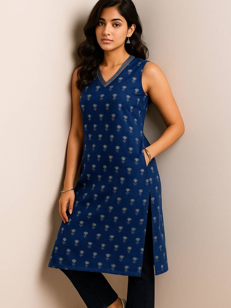 Navy blue color small floral block print with zari couching on neckline kurti