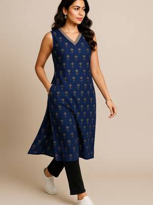 Navy blue color small floral block print with zari couching on neckline kurti 3