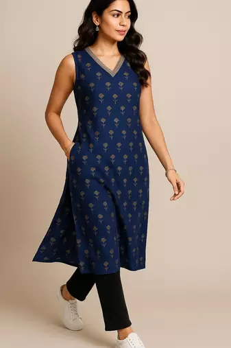 Navy blue color small floral block print with zari couching on neckline kurti