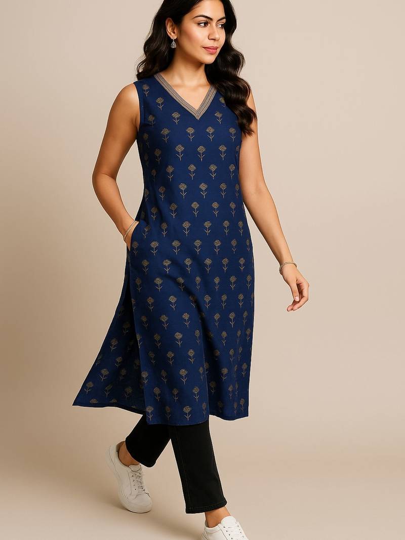 Navy blue color small floral block print with zari couching on neckline kurti