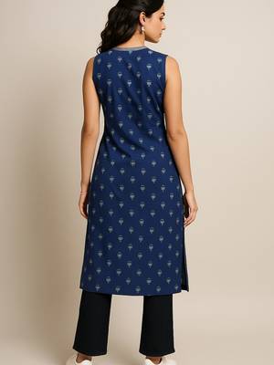 Navy blue color small floral block print with zari couching on neckline kurti 4