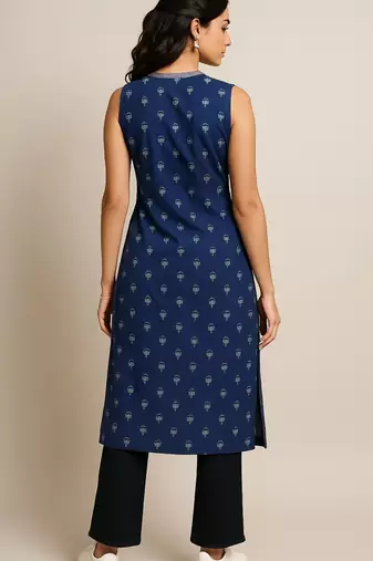 Navy blue color small floral block print with zari couching on neckline kurti