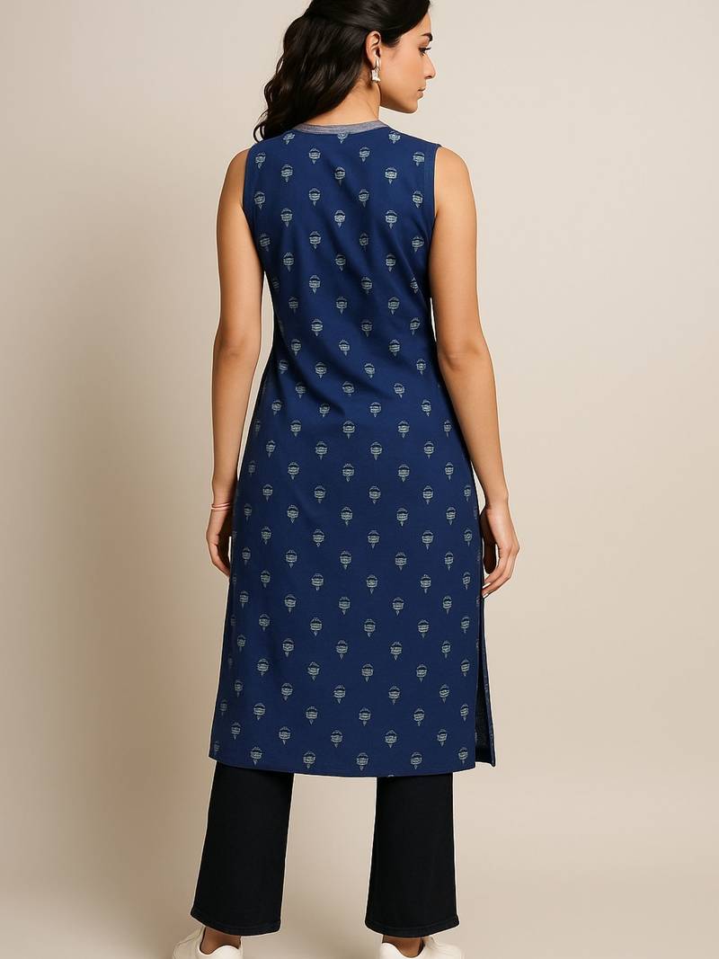 Navy blue color small floral block print with zari couching on neckline kurti