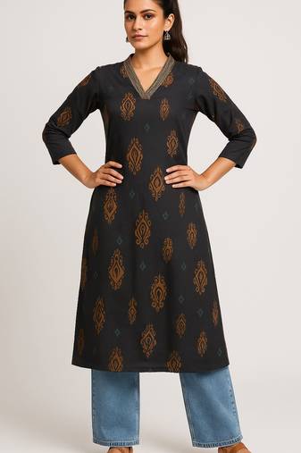 Black color block style print with zari couching on neckline kurti
