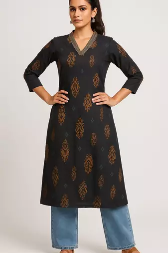 Black color block style print with zari couching on neckline kurti