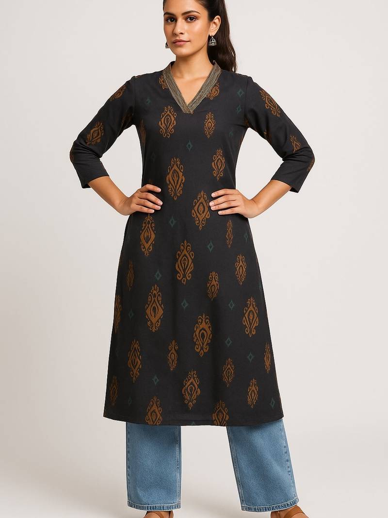 Black color block style print with zari couching on neckline kurti